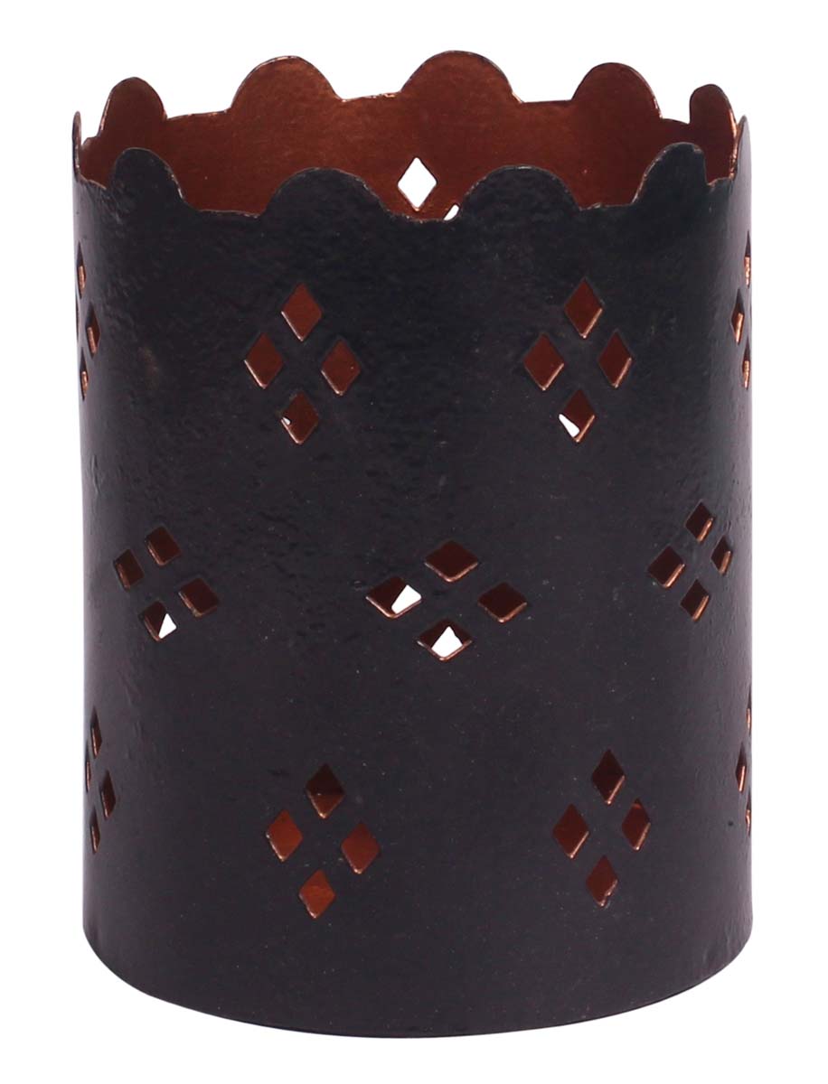 Handmade Votive Candle Stand - Round Shape - Cast in Iron - Black & Copper Color Finish - Diamond Shaped Cut-Out Patterns - Tea-Light Candle Holders in Metal - Decorative Centerpieces - Buy in Bulk Wholesale